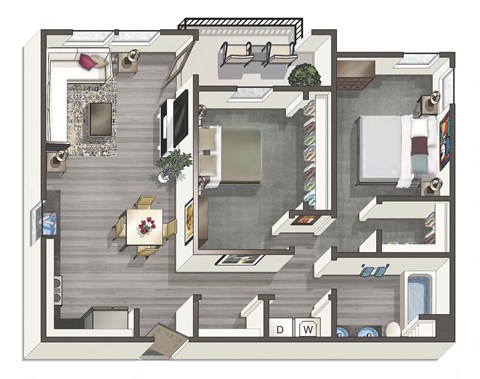 Floor plan for 2 beds, 1 bath, 941 sqft